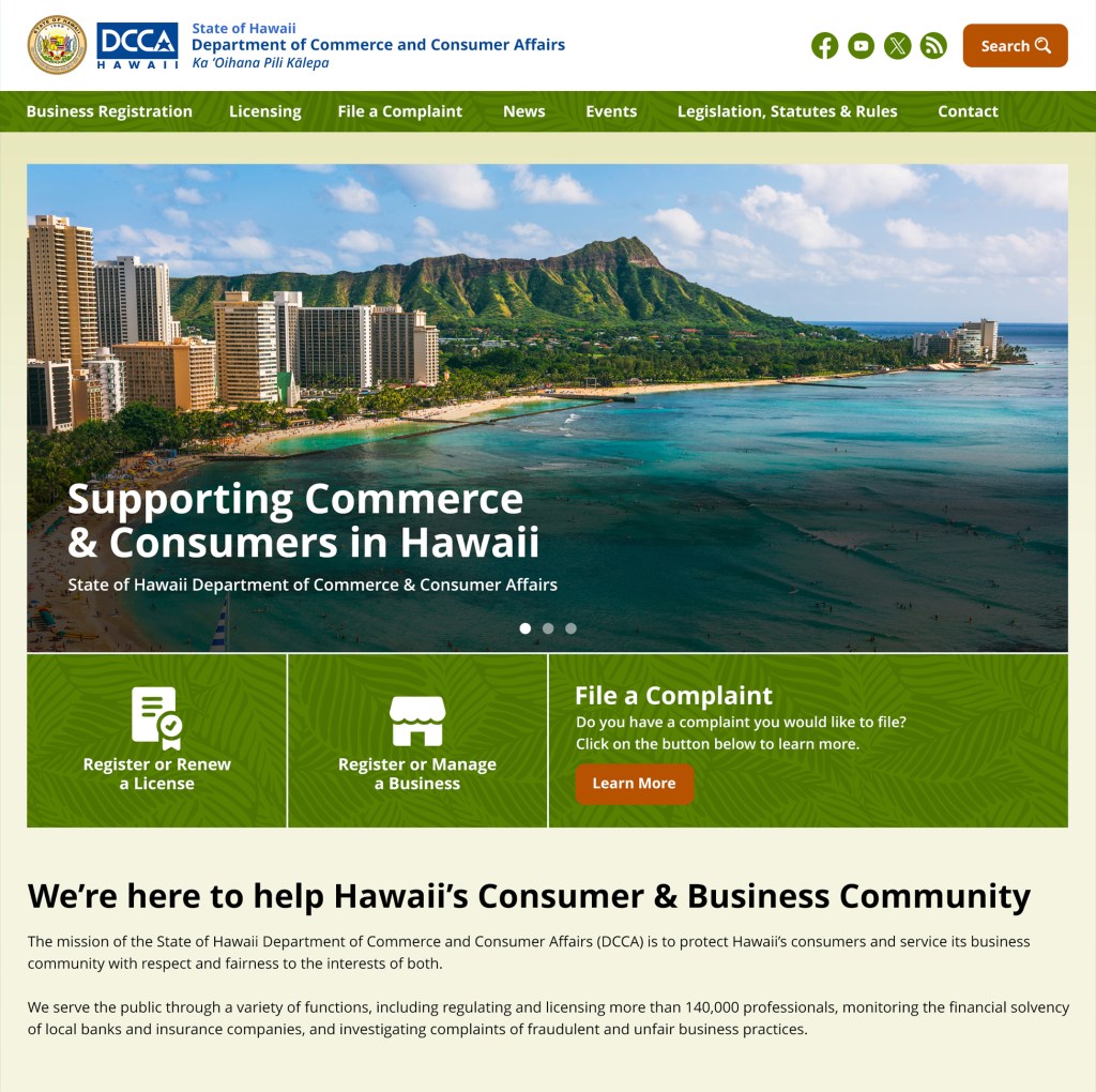 DCCA Hawaii Homepage&nbsp;Redesign
